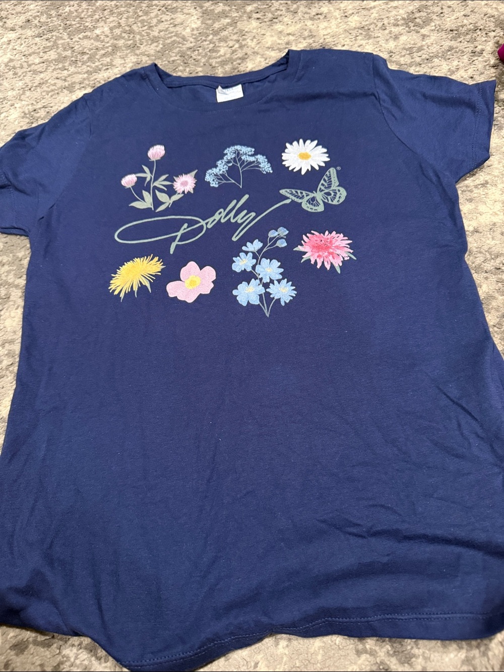 Dolly Parton Navy Tee with Pastel Floral and Butterfly Graphic